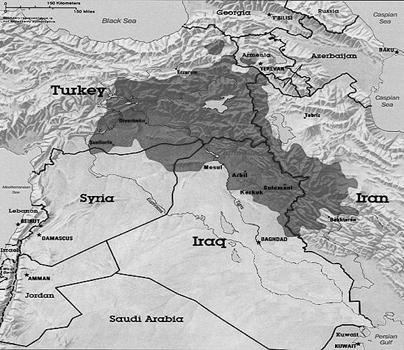 Kurdistan og dagens landegrenser.
